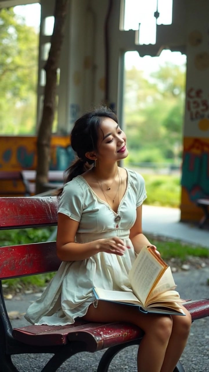 Subject: A person sitting on a park bench. Subject movement: The person occasionally glances up at the sky, flipping the pages of the book resting in their lap. Scene: A serene park setting, surrounded by lush greenery and distant trees under a clear blue sky. Lighting: Soft, ambient lighting conveying a peaceful afternoon atmosphere. Motion: The camera gently pulls back to reveal the tranquil surroundings, capturing the essence of the leisurely moment.