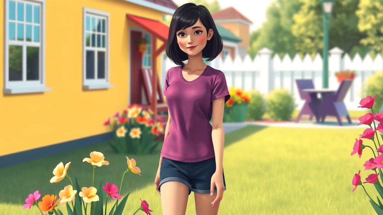 Subject (T-shirt, Shorts, Casual hairstyle, Walking) + Subject movement (Walking) + Scene (Grassy yard with colorful flowers) + Camera Language (Slow tracking shot) + Lighting (Warm sunlight) + Atmosphere (Peaceful)