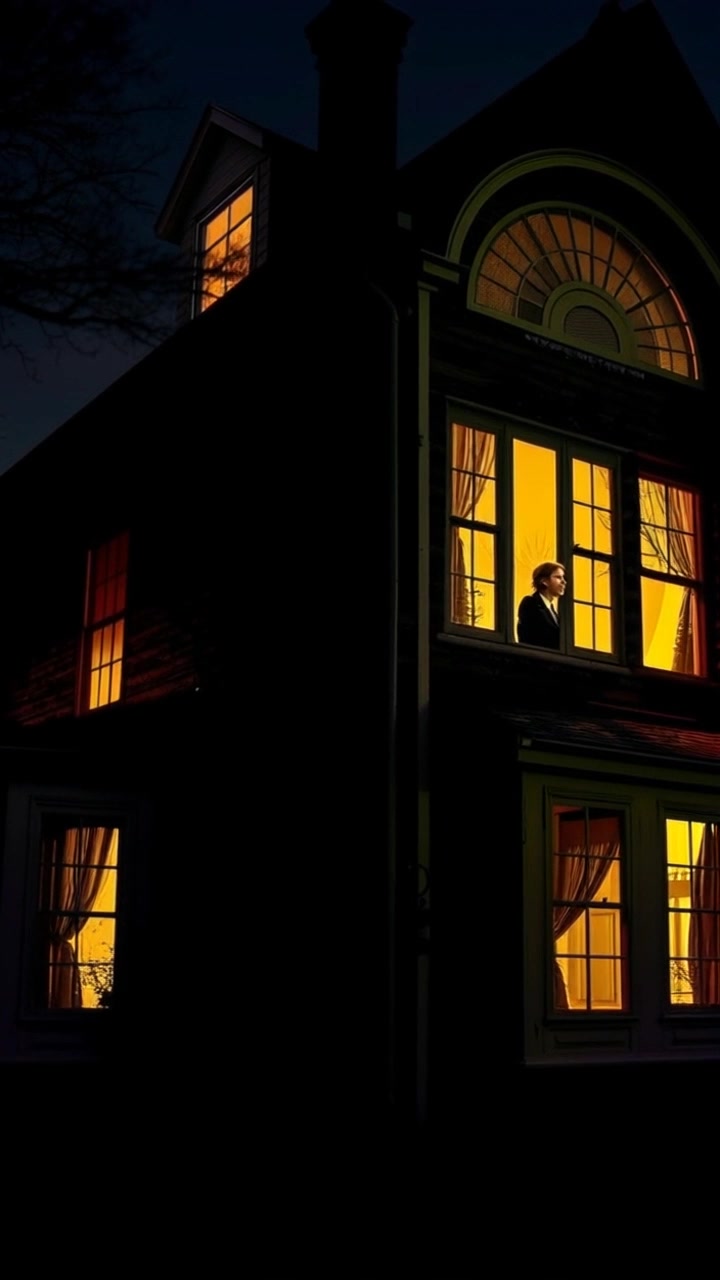 A spooky old house at night with Mrs. Griswald's silhouette in the window.