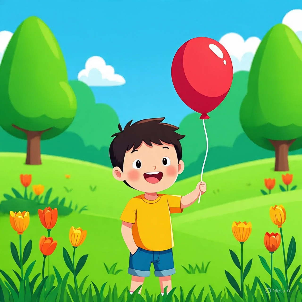 Adorable Cartoon Boy with Big Eyes and Bright Colors