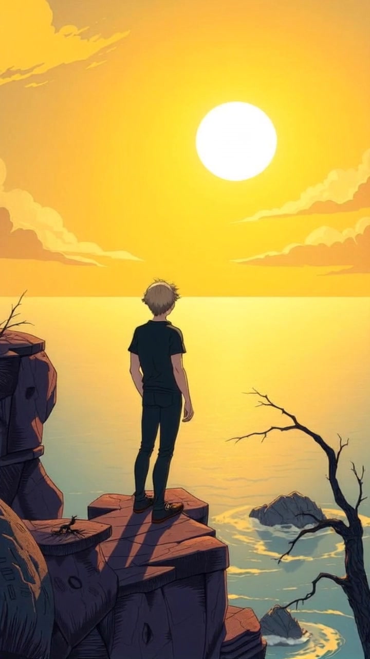 Subject: A figure standing on a cliff. Subject movement: The person gazes contemplatively at the vast ocean below, with the wind slightly tousling their hair. Scene: A breathtaking cliffside overlooking a deep blue ocean under a bright, sunny sky. Style: Vibrant, warm sunlight illuminating the scene with a serene and peaceful atmosphere. Motion: The camera begins with a close-up of the figure, then smoothly pans out to reveal the expansive ocean, capturing the dramatic scenery and the interplay of light on the water.