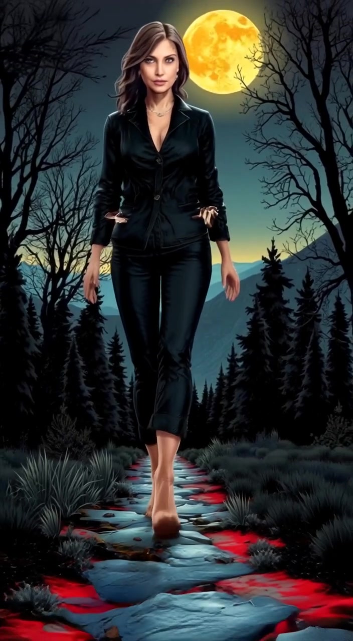 Asha walks barefoot along a moonlit path, gently stepping between the trees, with distant mountains looming in the background.