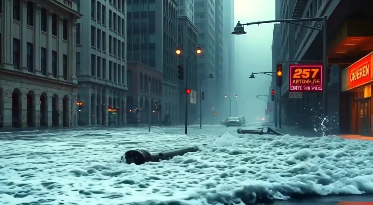 Waves gently crash against the flooded city street, pushing debris along the water's surface.