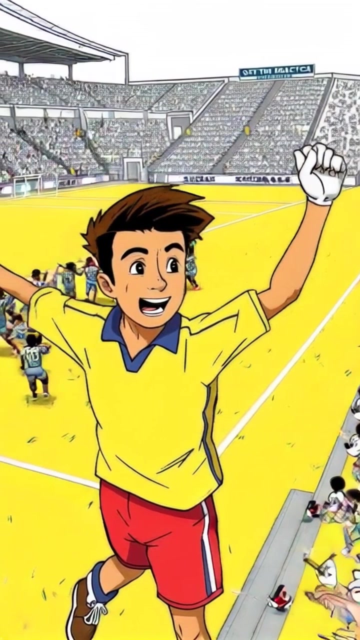 Scene: A vibrant soccer field viewed from a high angle, showcasing a team celebrating a victory amidst an excited crowd. Style: Bright daylight illuminating the field while the colors of the team's uniforms and the audience's banners pop against the green grass. Motion: The camera slowly descends and glides over the field, capturing the jubilant team and the roaring spectators, creating an immersive atmosphere of triumph and joy.
