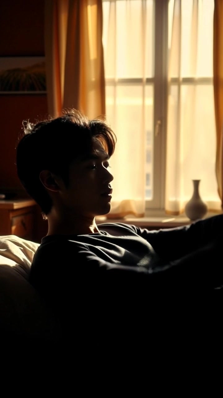Subject: A young man lying in bed, slowly waking up and stretching. Scene: A cozy bedroom flooded with morning light, soft shadows playing across the walls from the sunlight streaming through the window. Camera: A gentle push in, capturing the tranquil atmosphere, as the sheets rustle softly with his movements, creating an inviting and warm morning vibe.