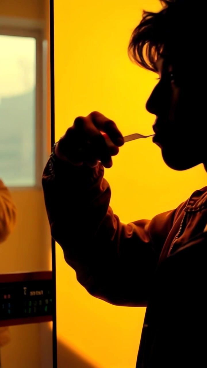 Subject: A young man brushing his teeth while wearing a jacket. Subject movement: He moves methodically, vigorously brushing, with a hint of morning routine focus. Scene: Brightly lit bathroom with a modern aesthetic, featuring a watch showing 9:15 AM subtly in the background. Style: Morning light streaming through a window, creating a fresh and clean atmosphere. Motion: Camera pushes in slowly to capture his reflection in the mirror while he continues his routine.
