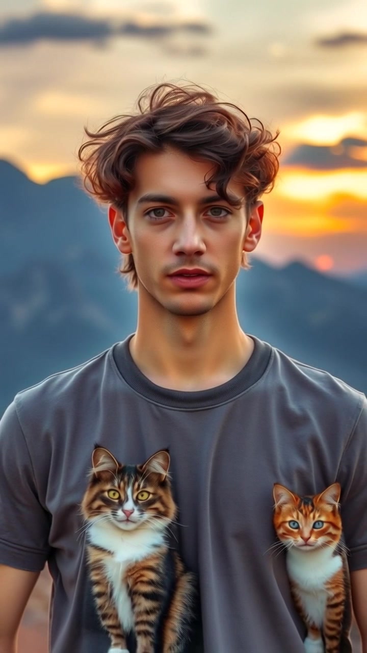 Subject: A figure standing determinedly in front of a rugged mountain range. Scene: Breathtaking sunrise illuminating the peaks, casting warm oranges and soft pinks across the rocky terrain. Motion: Camera slowly pushes in on the figure, capturing the majestic landscape while enhancing the sense of resolve as it rises with the sun.