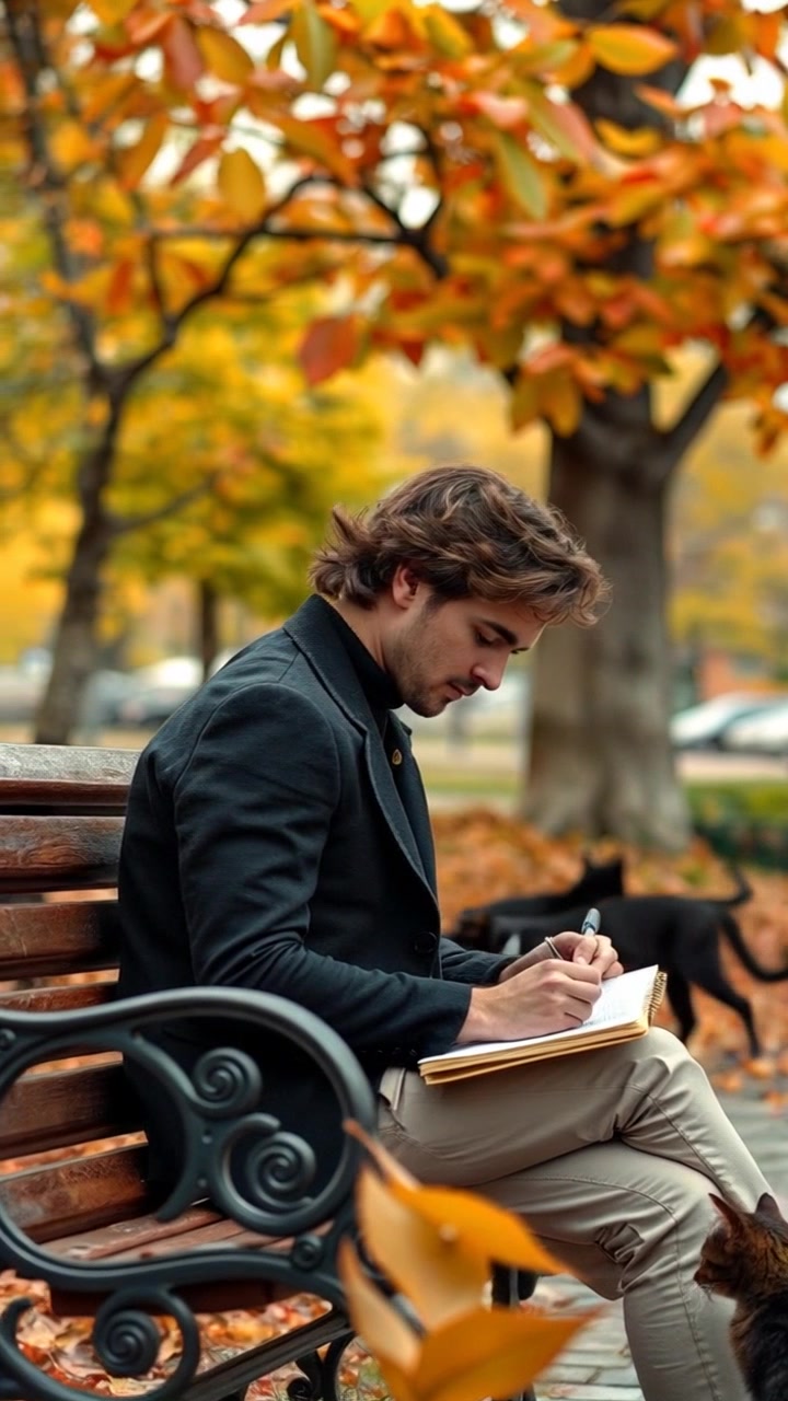 Subject: John sitting on a park bench. Subject movement: John is writing intently in his notebook, occasionally glancing up at the vibrant autumn leaves falling around him. Scene: A serene park with colorful autumn foliage covering the ground and trees. Style: Soft, ambient afternoon light filtering through the branches, creating a warm and inviting atmosphere. Motion: Camera slowly pushes in from a distance, capturing the tranquility of the scene as it draws closer, emphasizing the peaceful interaction between John and his surroundings.