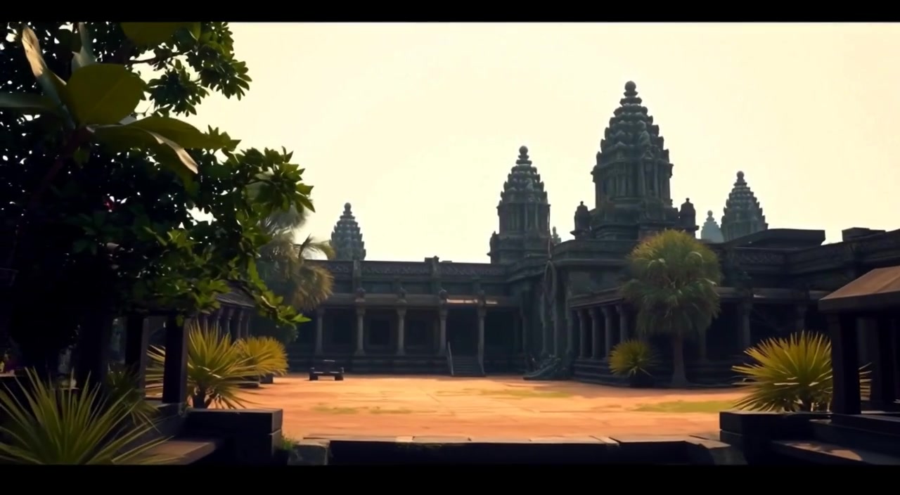 Vines gently sway in the breeze as sunlight filters through the branches surrounding the ancient stone temple.