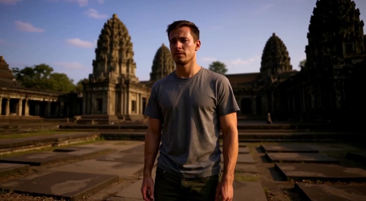 A man scans his surroundings nervously in front of the majestic Angkor Wat ruins at sunset.