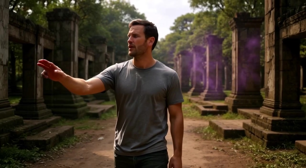The man gently touches the crumbling wall, gaze sweeping over the abandoned courtyard filled with enchanting, forgotten architecture.
