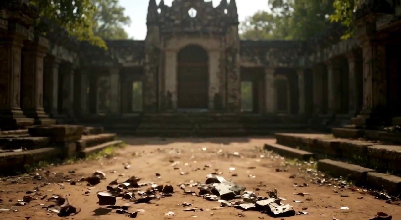 Leaves gently rustle in the wind as debris moves through the deserted courtyard, creating an eerie atmosphere.