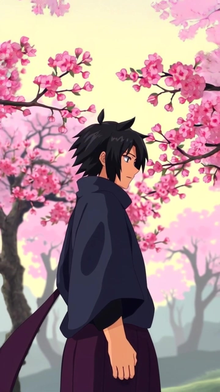 Subject (Build, Hairstyle and color, Clothing, Facial features, Body Posture) + Subject movement (Stillness) + Scene (Serene landscape filled with cherry blossom trees) + Camera Language (Slow zoom out) + Lighting (Soft sunlight filtering through the trees) + Atmosphere (Contemplative)