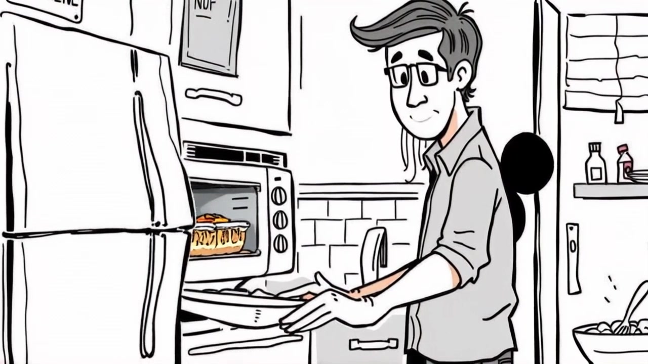 Subject: A person in a cozy apartment kitchen. Subject movement: The person opens the microwave door, placing a frozen dinner inside with a casual motion. Scene: Intimate kitchen setting with warm wood accents and soft, inviting decor. Style: Soft ambient lighting creating a warm, homey atmosphere. Motion: Camera slowly pushes in as the person prepares the meal, capturing the relaxed vibe of the kitchen.