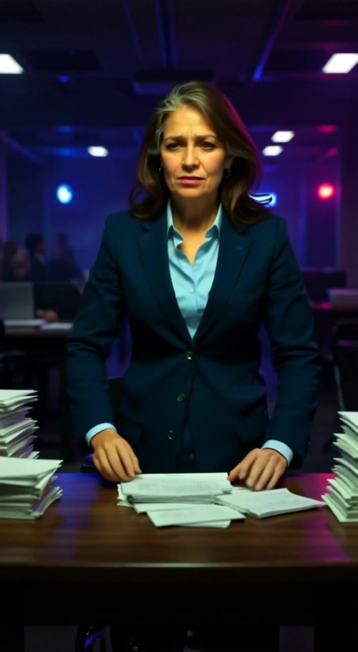 The employee sighs and shifts papers, glancing anxiously at the clock on the wall.