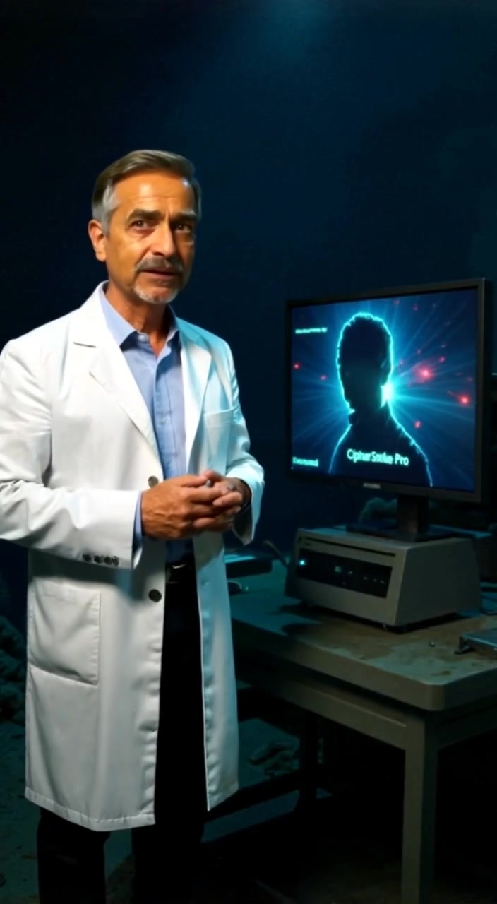 The person points excitedly at the screen, illuminated by the glow of high-tech equipment in the laboratory.