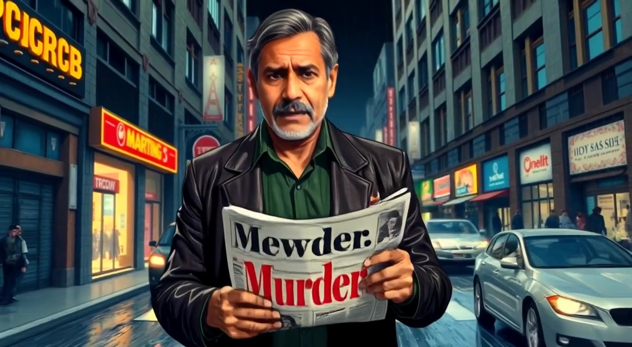 The man walks briskly through a bustling city street, glancing at the newspaper with the shocking headline.