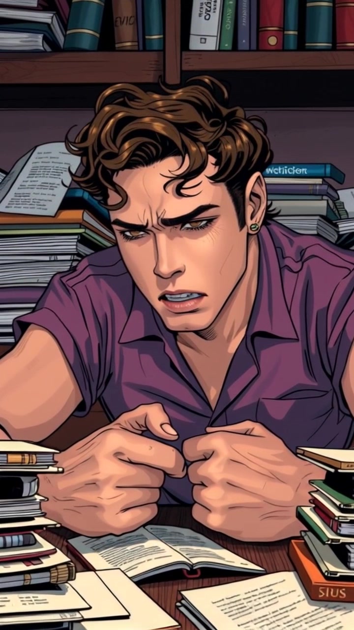 Scene: A close-up of a person seated at a cluttered desk, surrounded by mountains of books and papers, their facial expression showing clear signs of stress and overwhelming thoughts. Style: Soft, natural lighting illuminating the desk with a moody atmosphere, shadows highlighting the clutter. Motion: The camera slowly pushes in on the subject's face, emphasizing their furrowed brow and tense demeanor as they take a deep breath, creating a sense of intimate connection with their struggles.