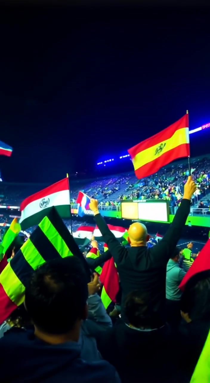 The fans wave colorful flags gently, cheering and celebrating passionately as the camera pans across the joyful crowd.