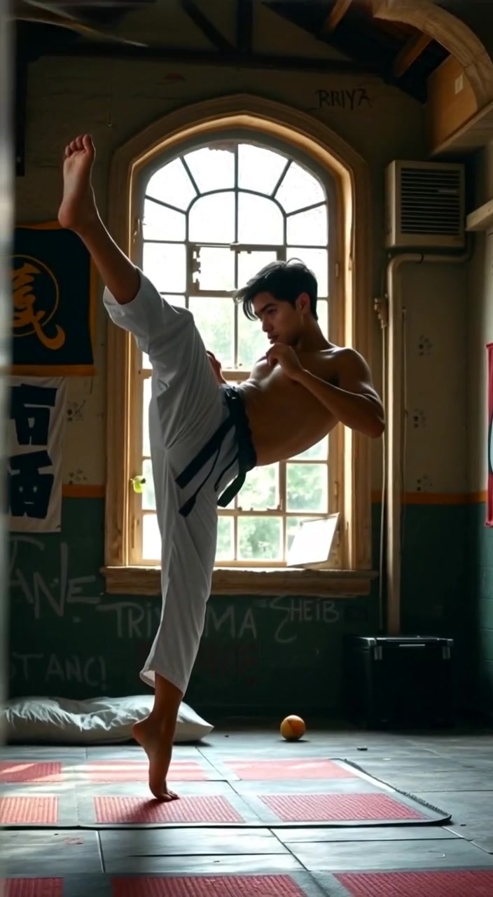 The martial artist performs a graceful scissor kick, the dojo's banners gently swaying in the background.