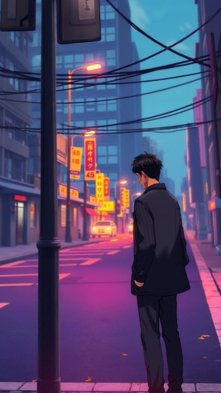 Subject: A lonely man standing at a street corner in a quiet city, looking downcast. Subject movement: He shifts his weight from one foot to the other, glancing briefly down the street as if waiting for something. Scene: A quiet urban street corner with muted storefronts and softly falling leaves. Style: Dull overcast lighting creating an introspective atmosphere. Motion: The camera pushes in slowly, capturing the man's expression and the surrounding empty streets, gradually revealing more details of the somber environment.