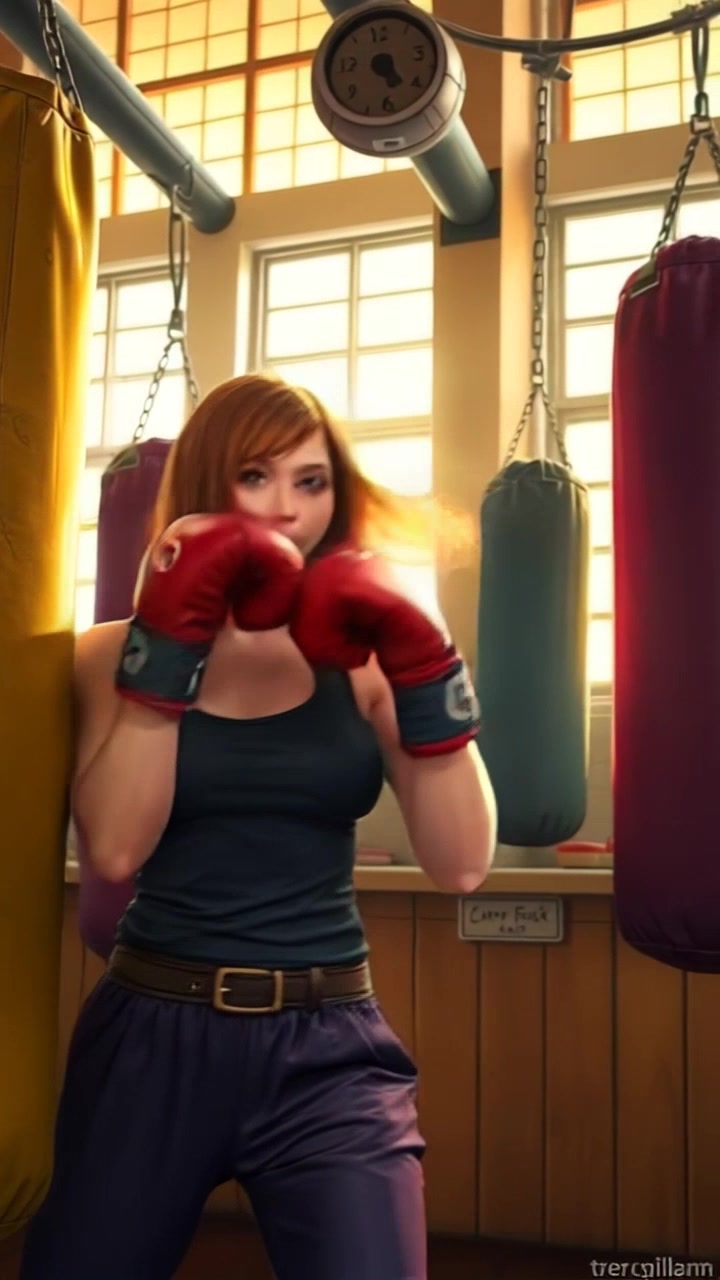 Subject: Natasha Romanoff executing powerful punches in an energized boxing gym. Subject movement: She strikes each punching bag with precision, the impact creating a rhythmic cadence. Scene: A bustling boxing gym filled with various punching bags and sunlight streaming through large windows, illuminating the scene. Style: Bright, natural light enhancing the vibrant atmosphere of determination and strength. Motion: The camera follows her movements closely with a dynamic handheld tracking shot, capturing the intensity of her training.