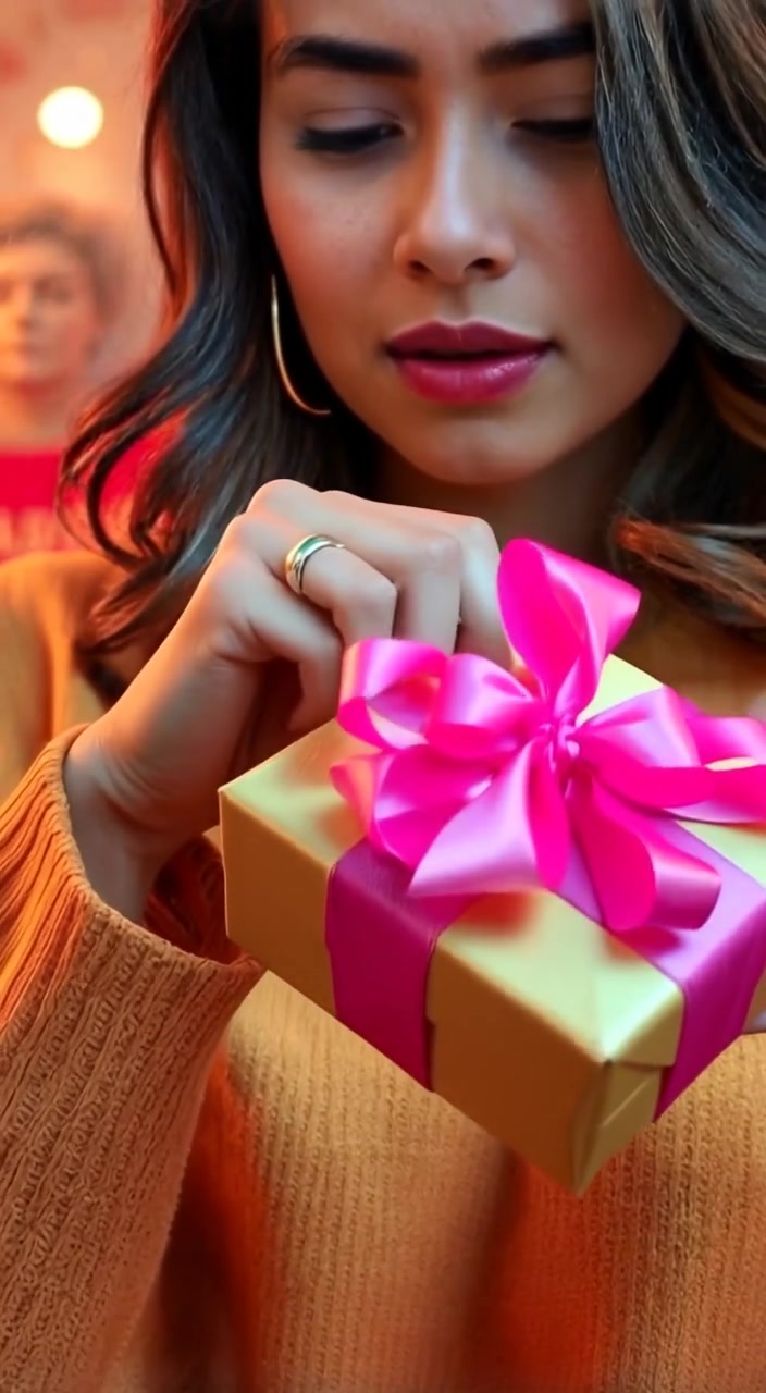 The woman's hand gently ties a colorful ribbon around a beautifully wrapped gift.