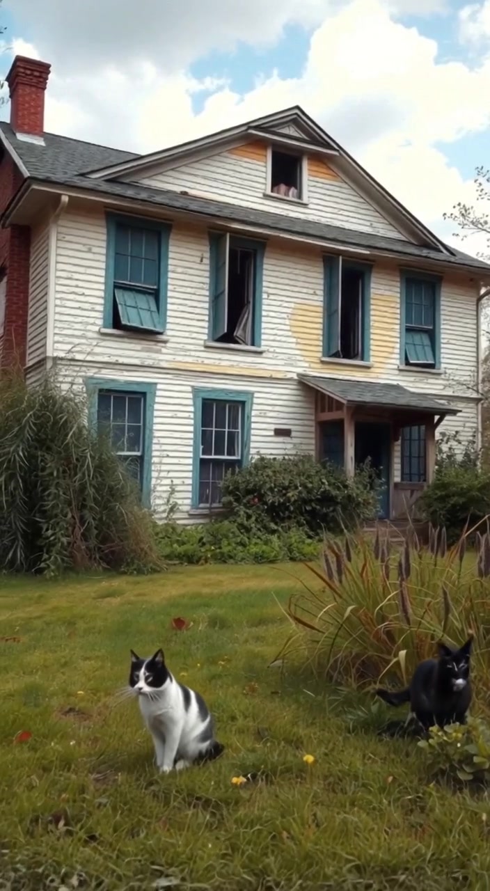 Grass gently sways as a whispering wind passes through the broken windows of the old, dilapidated house.