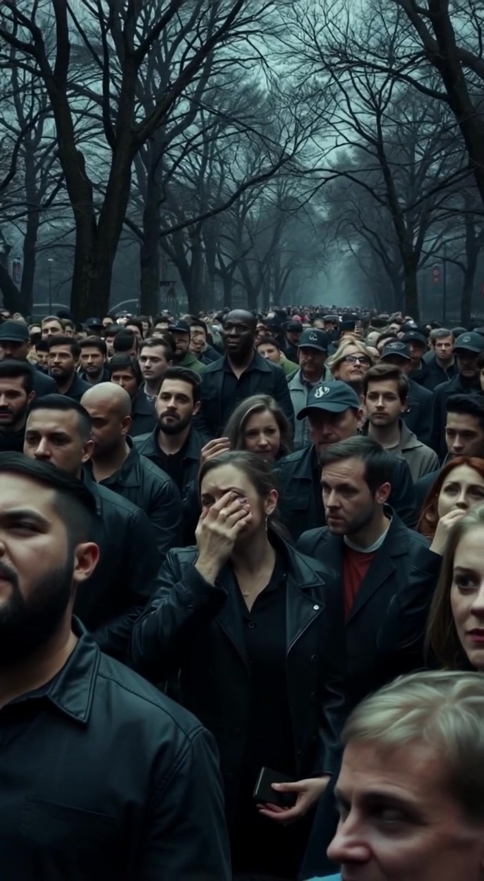 A crowd in a park quietly reacts, individuals gently wiping tears and expressing a range of emotions.