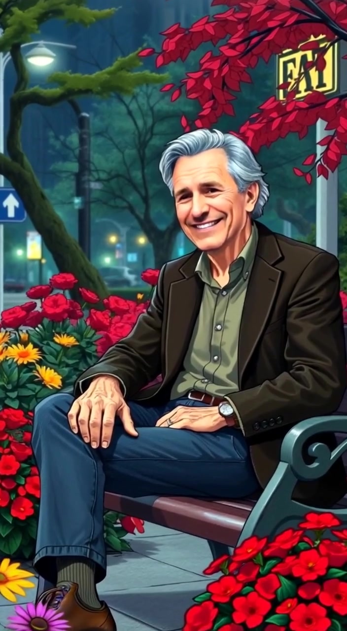 The man smiles gently while flowers flutter softly in the breeze around him, creating a serene park atmosphere.