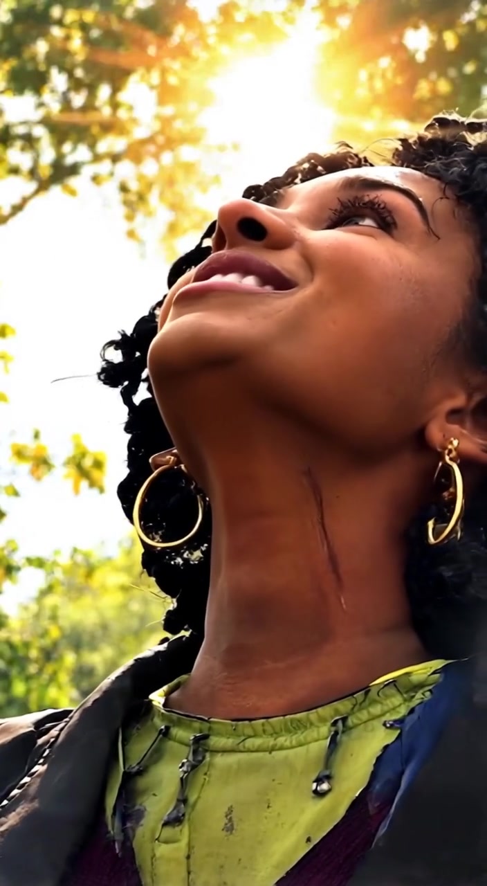 The woman tilts her head back, letting sunlight filter through the trees, a joyful smile brightening her face.