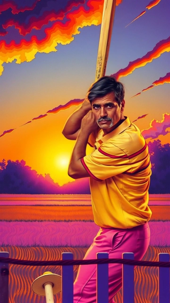 Subject: A cricket player practicing batting. Subject movement: The player swings the bat gracefully as the ball is pitched towards him. Scene: A serene cricket field at sunset, with soft grass and distant trees silhouetted against the vibrant sky. Style: Warm, sunset lighting casting a golden hue over the field. Motion: Camera pans slowly around the player, capturing the motions of the swing while maintaining focus on the lush surroundings.