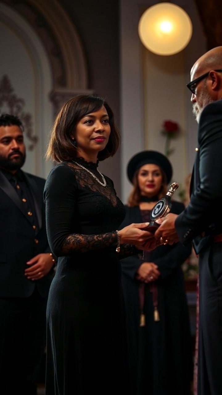 Scene: A formal ceremony where a recipient is honored in front of community leaders, adorned in elegant attire. Style: Soft, ambient lighting creates an uplifting and celebratory atmosphere, with a focus on the expressions of pride and admiration among the crowd. Motion: The camera performs a smooth dolly-in towards the recipient as applause fills the air, capturing the moment of recognition and the surrounding joyful expressions.