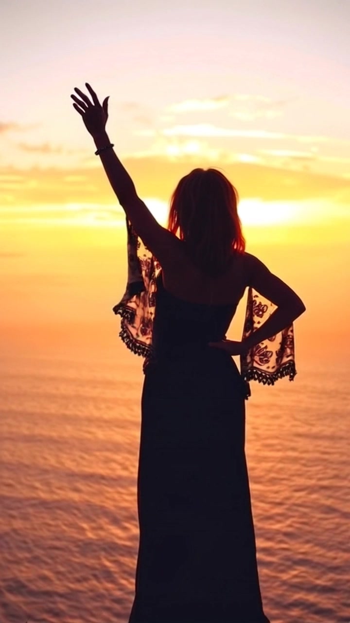 Subject: A figure standing triumphantly on a cliff. Subject movement: The figure raises their arms in celebration as the waves crash below. Scene: Scenic cliffside with a breathtaking ocean view at sunset, showcasing vibrant hues of orange and pink in the sky. Lighting: Warm sunset glow illuminating the scene, casting dramatic shadows. Motion: Camera begins with a wide shot capturing both the figure and the vast ocean, then slowly dollies in to focus on the figure while revealing the expansive seascape behind.