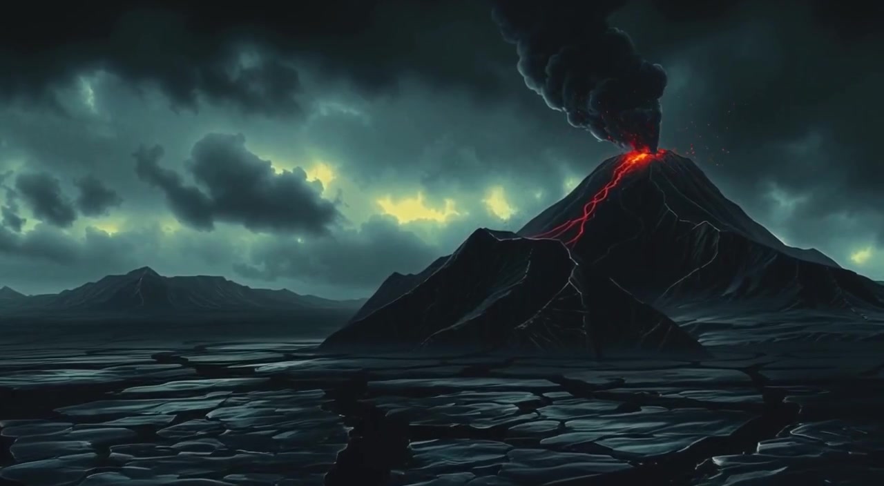 Smoke gently rises from the volcano as dark clouds gather overhead, shaking ground creates a sense of impending eruption.