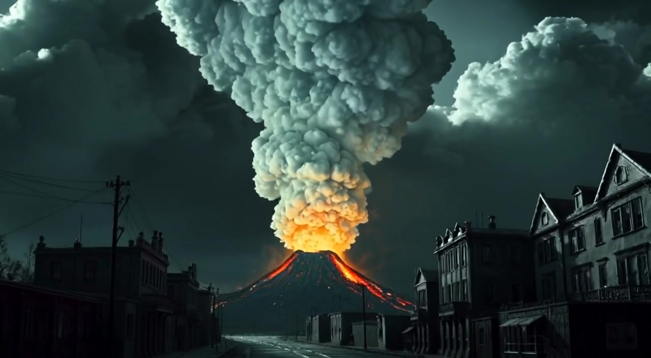 Smoke billows gently from the volcano, swirling ash clouds dance in the dark sky above.