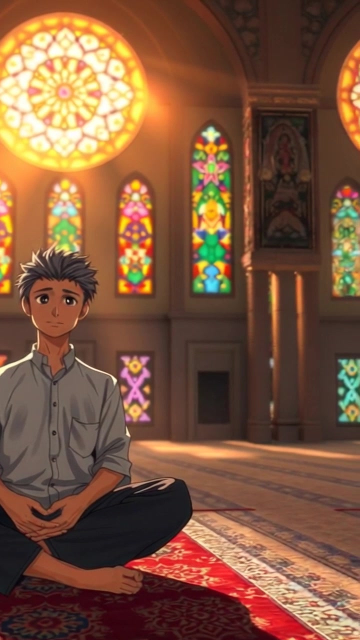 Umar Ibn Khattab sitting quietly in a beautifully decorated mosque, with sunlight streaming through stained glass windows.