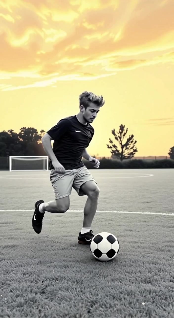 The boy dribbles a soccer ball with focus, his silhouette against the vibrant sunset sky.