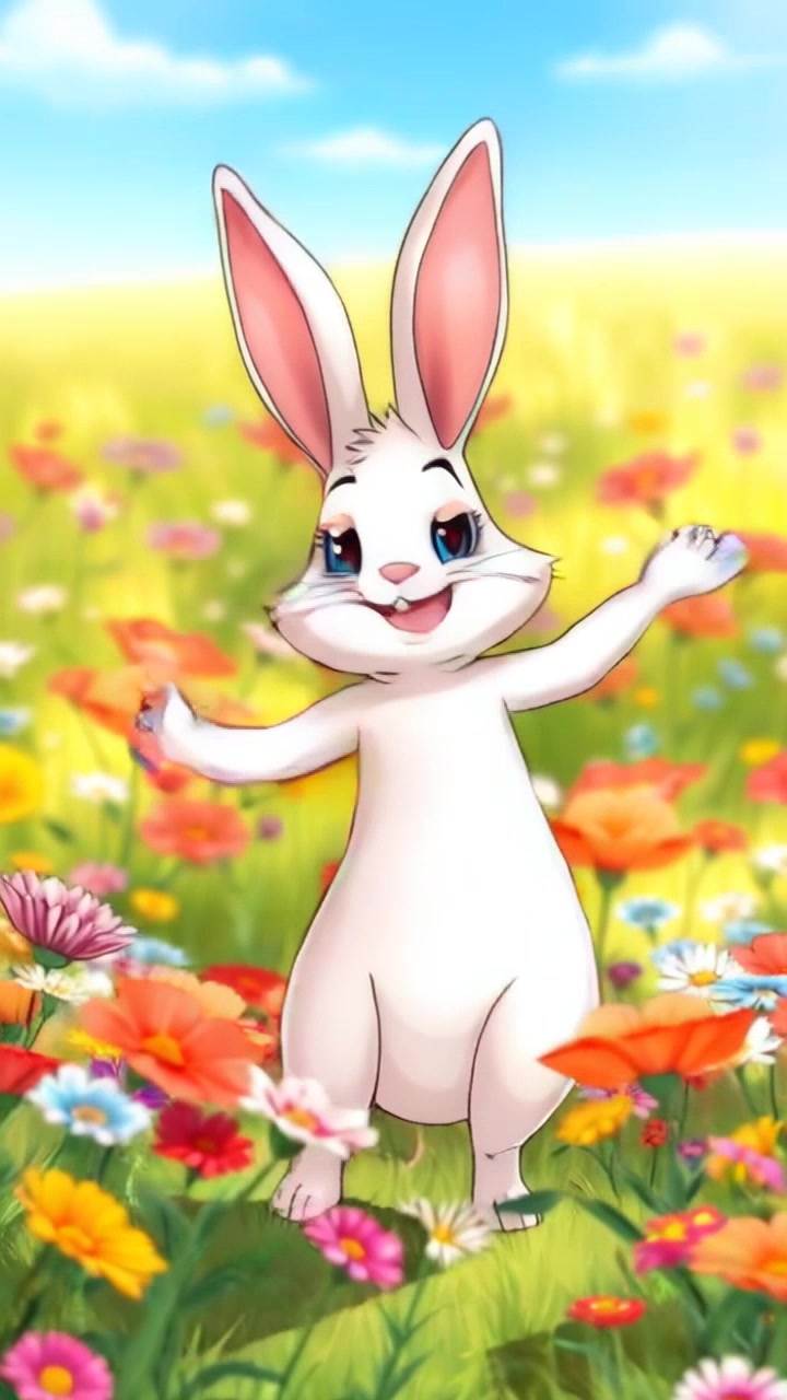 Bunny clapping and dancing joyfully in a sunny meadow surrounded by flowers.