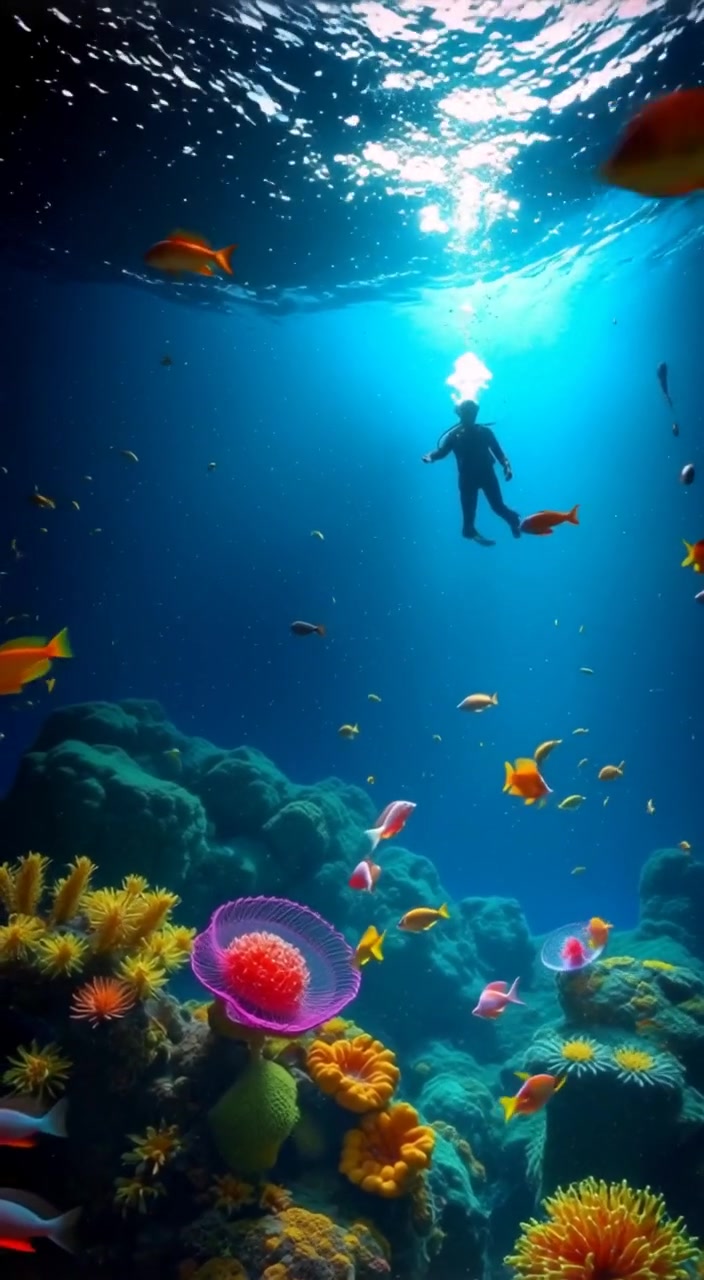 A scuba diver gently swims through vibrant coral reefs as schools of fish dart around in the clear blue water.