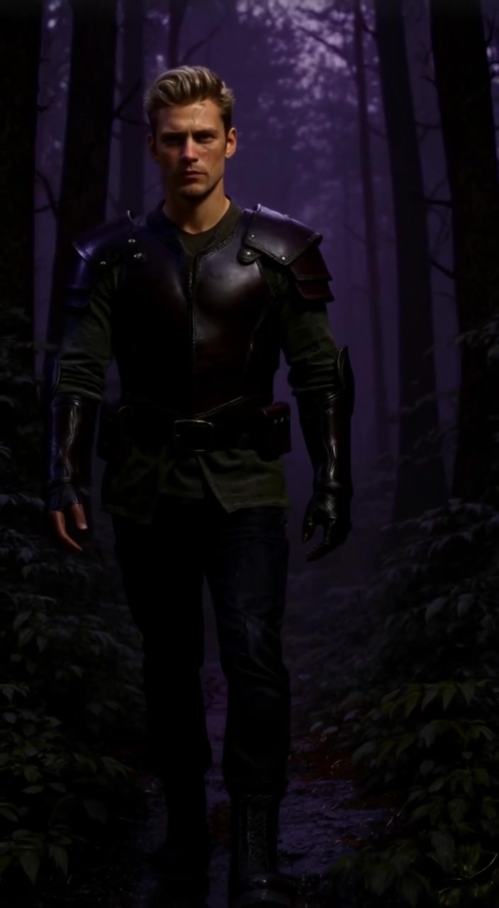 The man walks gently through the dense black forest, surrounded by towering trees and whispering underbrush.
