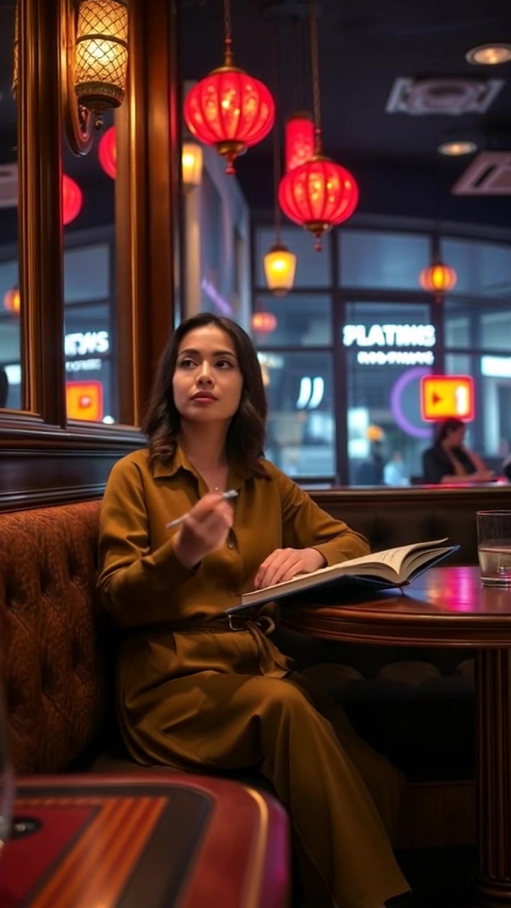 Subject: Laila sitting in a cozy corner of an upscale café, elegantly decorated. Subject movement: Laila occasionally looks up from her notebook to take in her surroundings as she writes. Scene: An upscale café with rich furnishings, ambient background chatter and soft music creating a warm atmosphere. Style: Soft, golden lighting enhances the elegance of the decor and adds a welcoming warmth. Motion: Camera gently pushes in as Laila is immersed in her writing, capturing the intimate details of her focused expression and the café's tasteful surroundings.