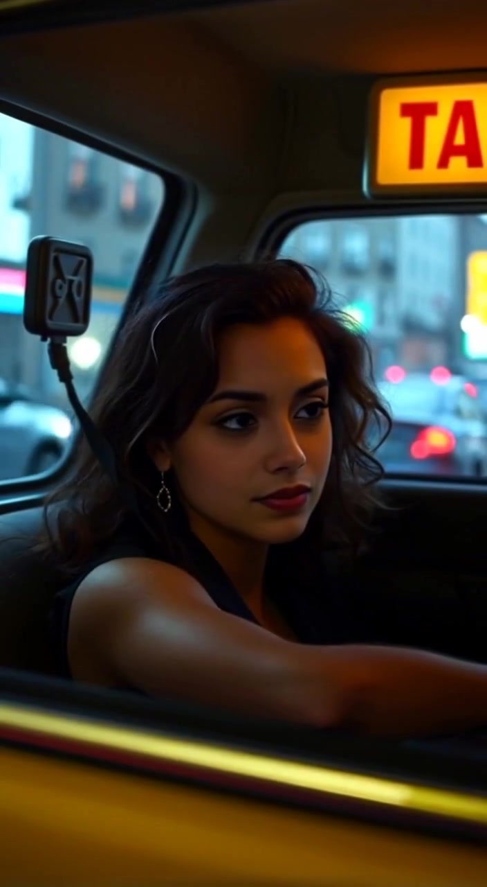 The woman gazes thoughtfully out the taxi window as colorful city lights blur past.