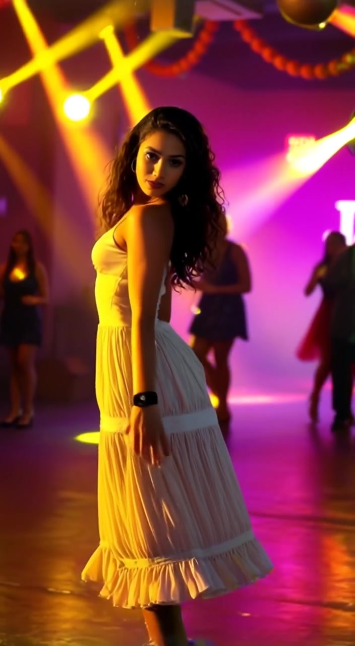 The woman twirls gracefully on the dance floor, bathed in swirling, colorful lights.