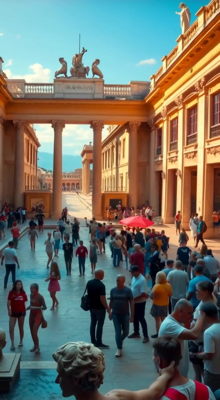 The crowd gently mingles in the ancient Roman forum, admiring the towering architecture and discussing animatedly.