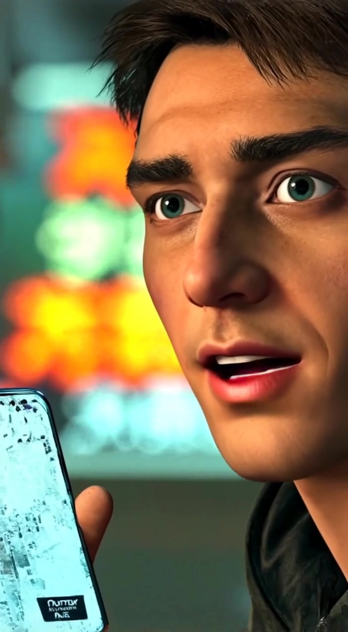 Kai holding a holographic device, looking intrigued, with cityscape in the background.