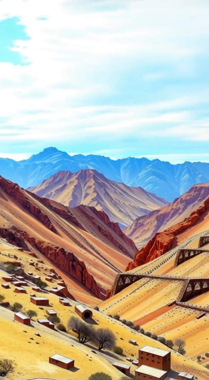 The camera gently pans over the rugged mountain peaks, revealing the vast landscape under a clear blue sky.