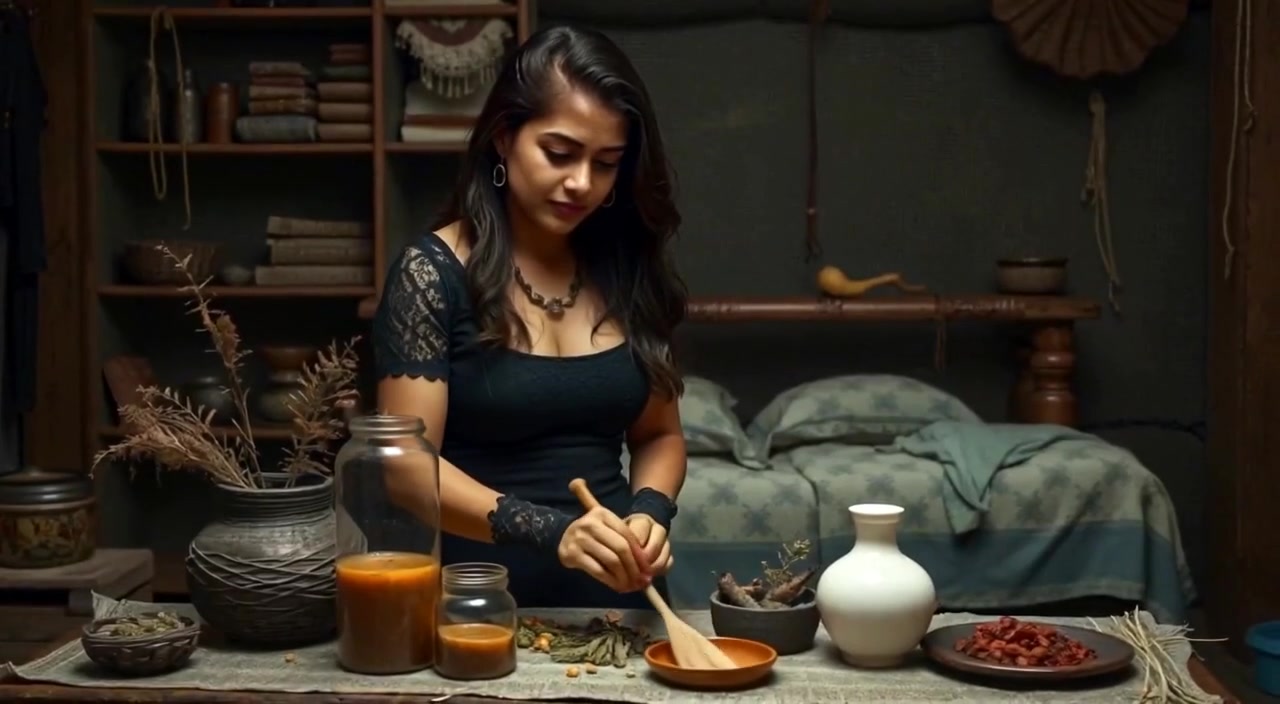 The woman carefully stirs a pot of herbal remedy while the sick villager rests nearby.
