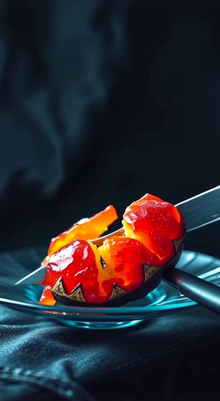 The knife smoothly glides through the fruit, releasing vibrant juice and showcasing its rich texture.