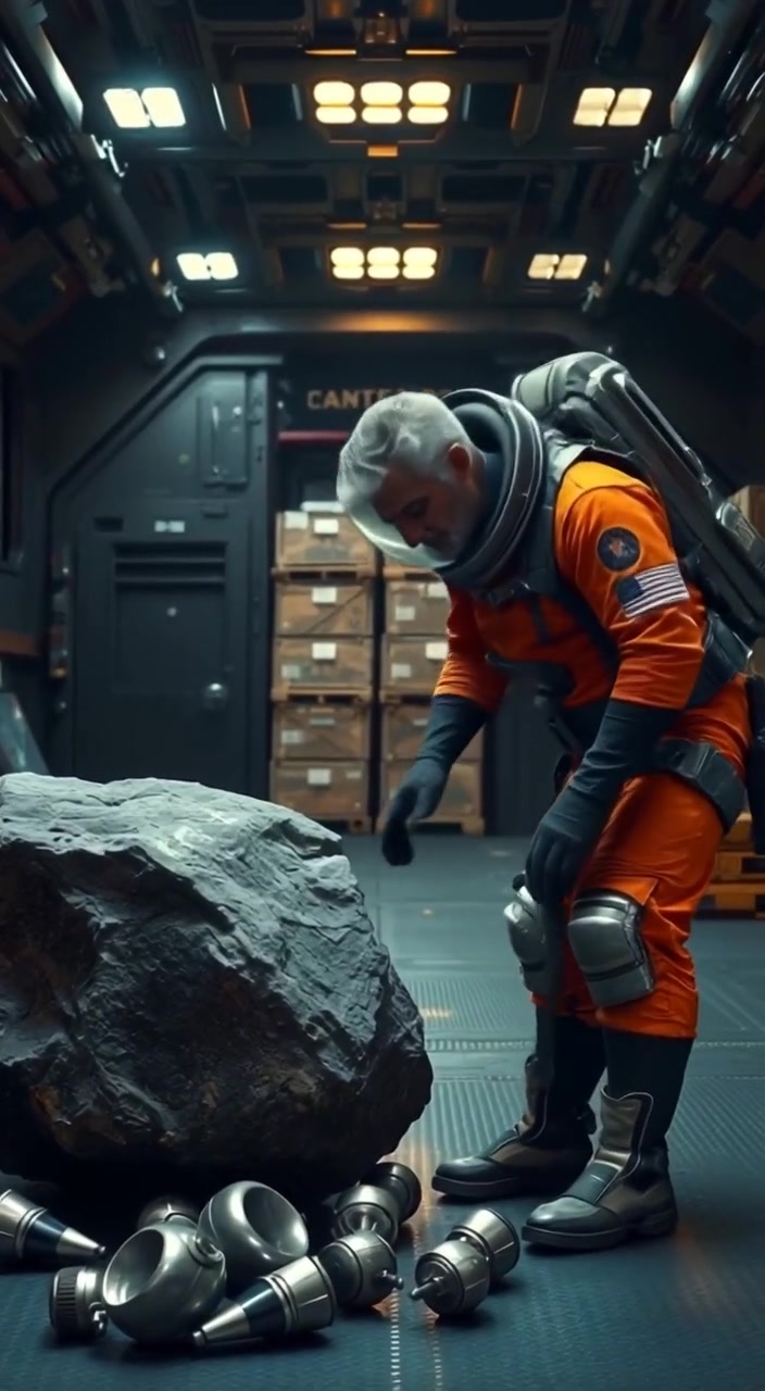 Klaes, wearing a rugged space suit, stands beside a large asteroid, examining shiny metal objects scattered around him.